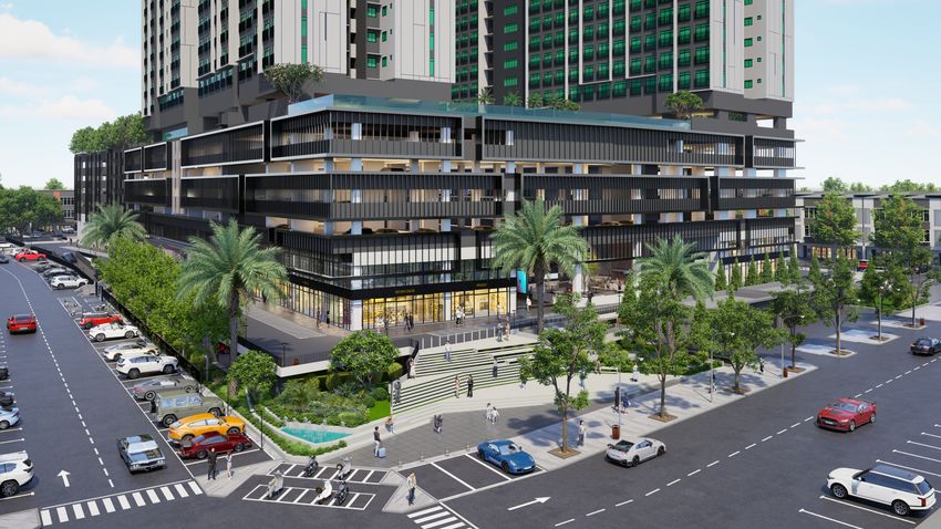 An artist’s impression of a large, modern building with retail spaces below multiple floors of apartments.