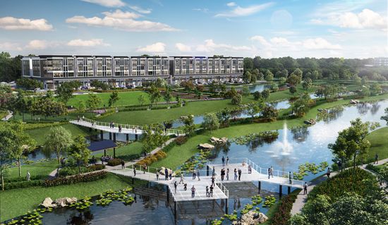 An artist’s impression of wide, lush parklands with several lakes, walking trails and lawns with a multi-storey retail building with multiple shopfronts.