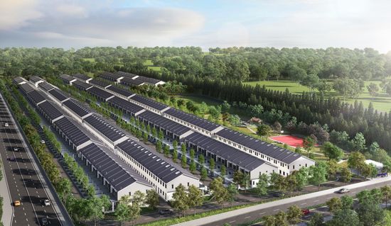 An artist’s impression of several rows of modern townhouses seen from above, surrounded by quiet tree-lined streets.