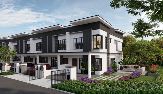 An artist’s impression of a row of modern townhouses along a quiet tree-lined street in the Pearl release at Crest@Austin.