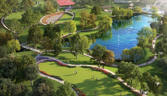 An artist’s impression of an aerial view of vast parklands surrounding a calm lake. Several walking paths cross throughout the park with people walking along them.