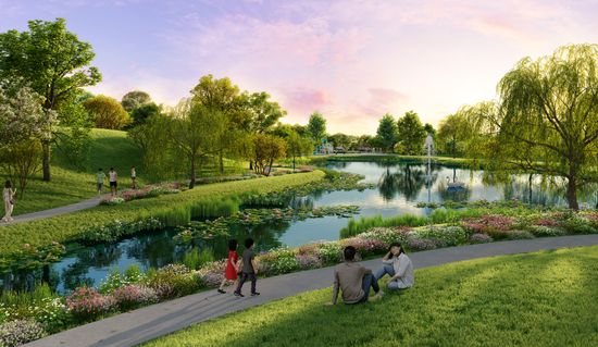 An artist’s impression green parklands as the sun begins to set, with wide lawns alongside a calm lake. People are relaxing on the grass while others walk along the paths surrounding the lake.