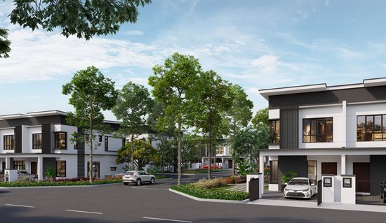 An artist’s impression of a row of modern townhouses seen from across the road. The street is calm and tree-lined, and another row of townhouses can be seen in the distance.