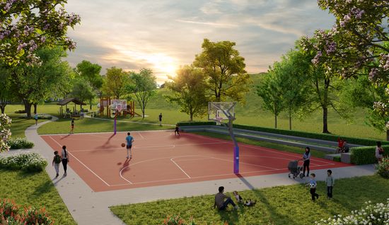 An artist’s impression of a basketball court within a large park, with people playing a game of basketball while others sit on the surrounding laws. A children’s playground can be seen past the basketball court.