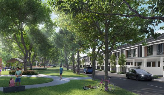 An artist’s impression of a wide park with a large playground. The park is situated opposite a row of modern townhouses separated by a quiet road.