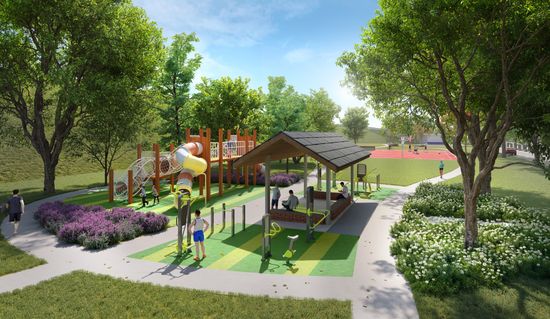 An artist’s impression of a large playground and public exercise equipment in a wide grassy park at Crest@Austin.