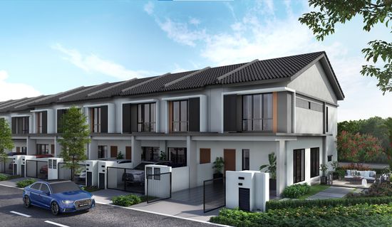 An artist’s impression of a row of modern townhouses along a quiet tree-lined street in the Pearl release at Crest@Austin.